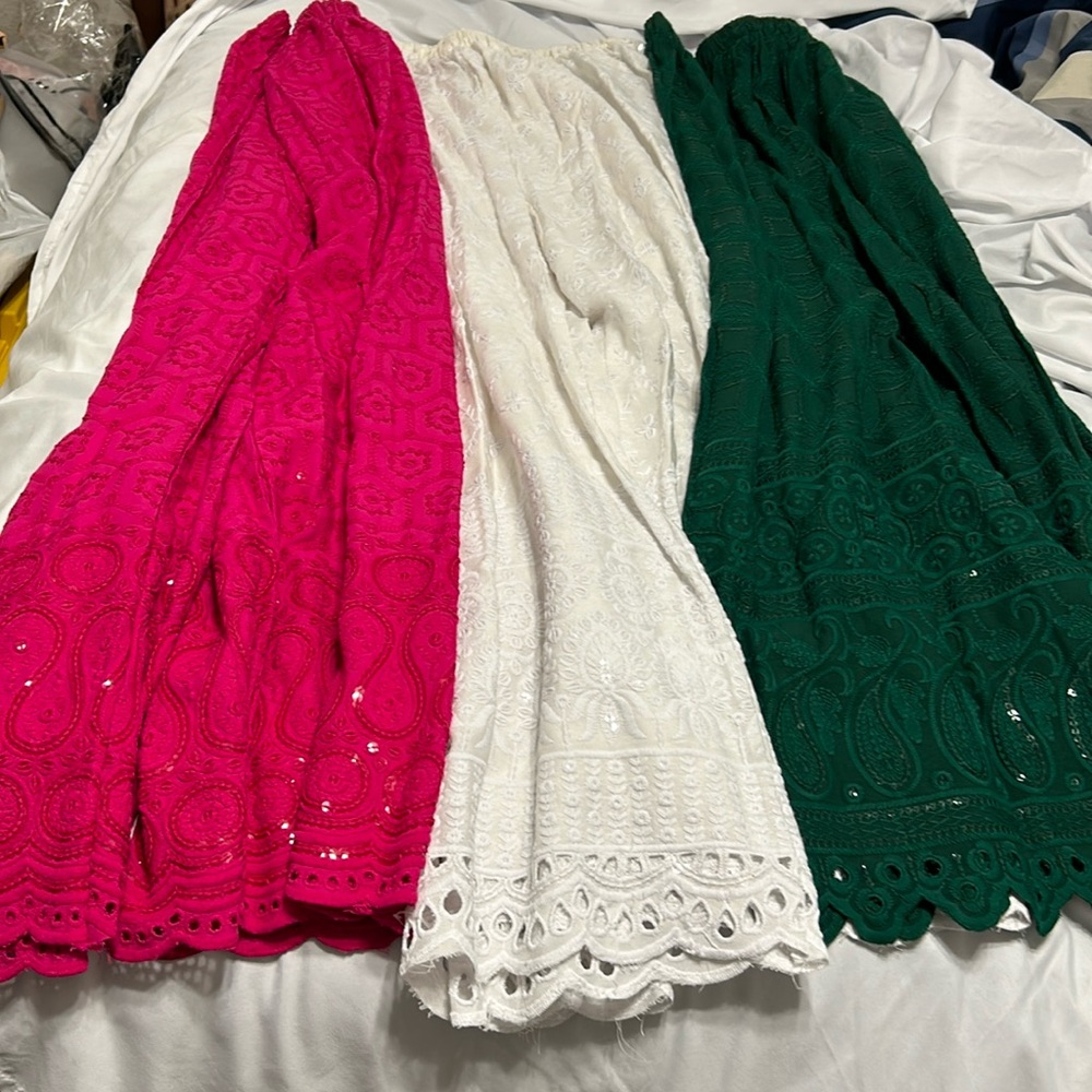 Palazzo culottes pants linen cut work chicken kari. White pink or green S/M.